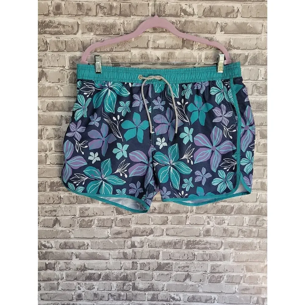 Men's Floral Teal & Navy Swim Trunks Size L, Surfercore, Beach, Resortwear